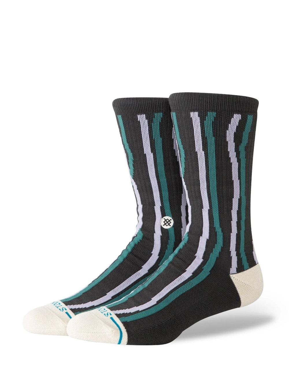 Stance Men's Black Crew Socks with Teal & Light Gray Stripes